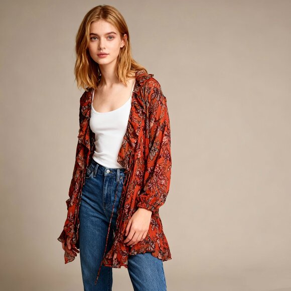 $565 NWT IRO Paris Cover Up Dress Size 34 Ruffle Red Floral Long Sleeves - Picture 1 of 14